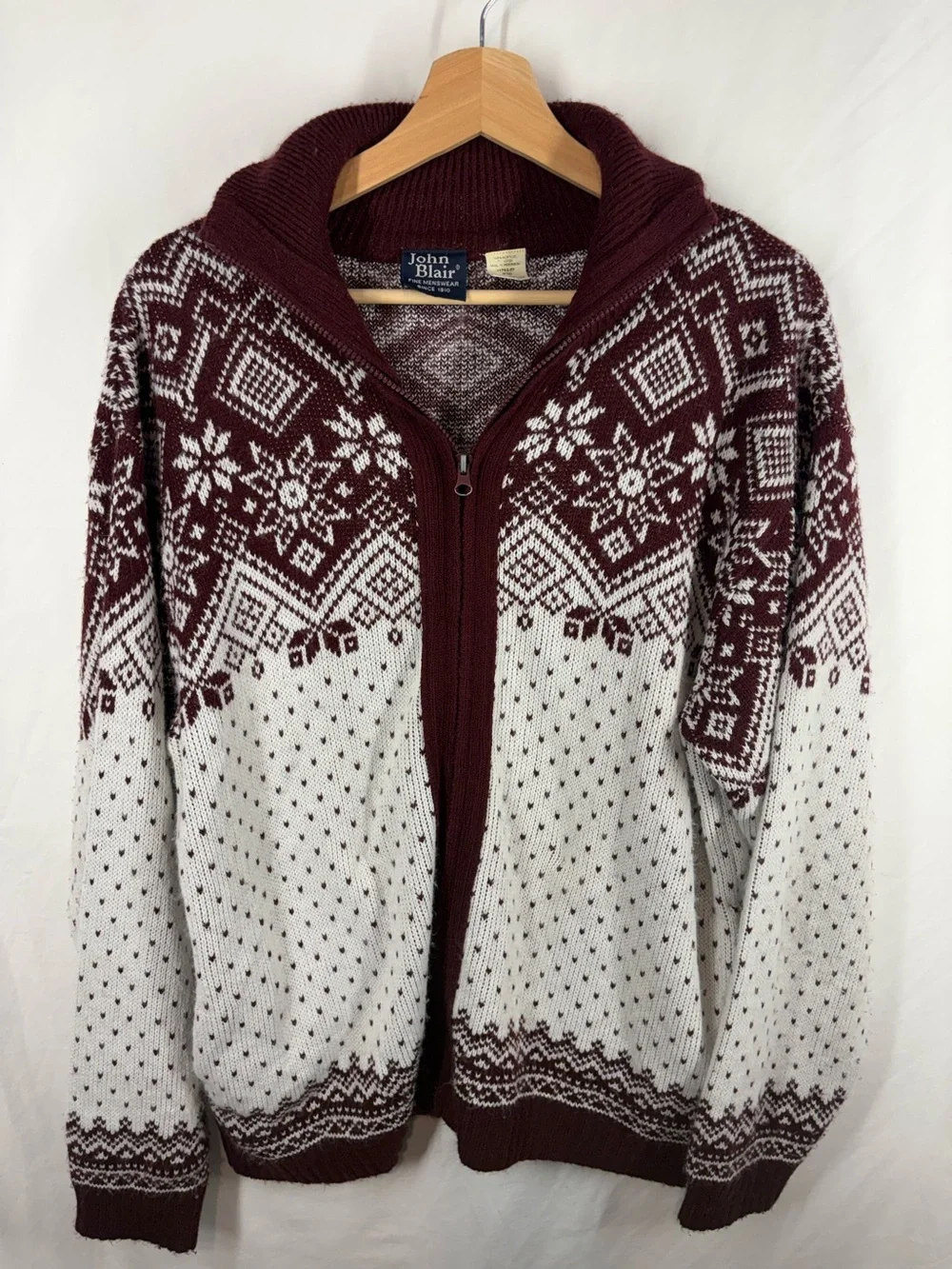 John Blair Fair Isle Full Zip Sweater Men’s Medium Burgundy White Nordic